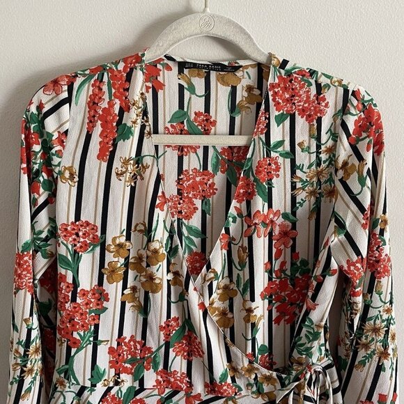 Zara Basic Collection Women S Striped Floral Kimono Sleeves Peplum Wrap Blouse - Picture 6 of 9